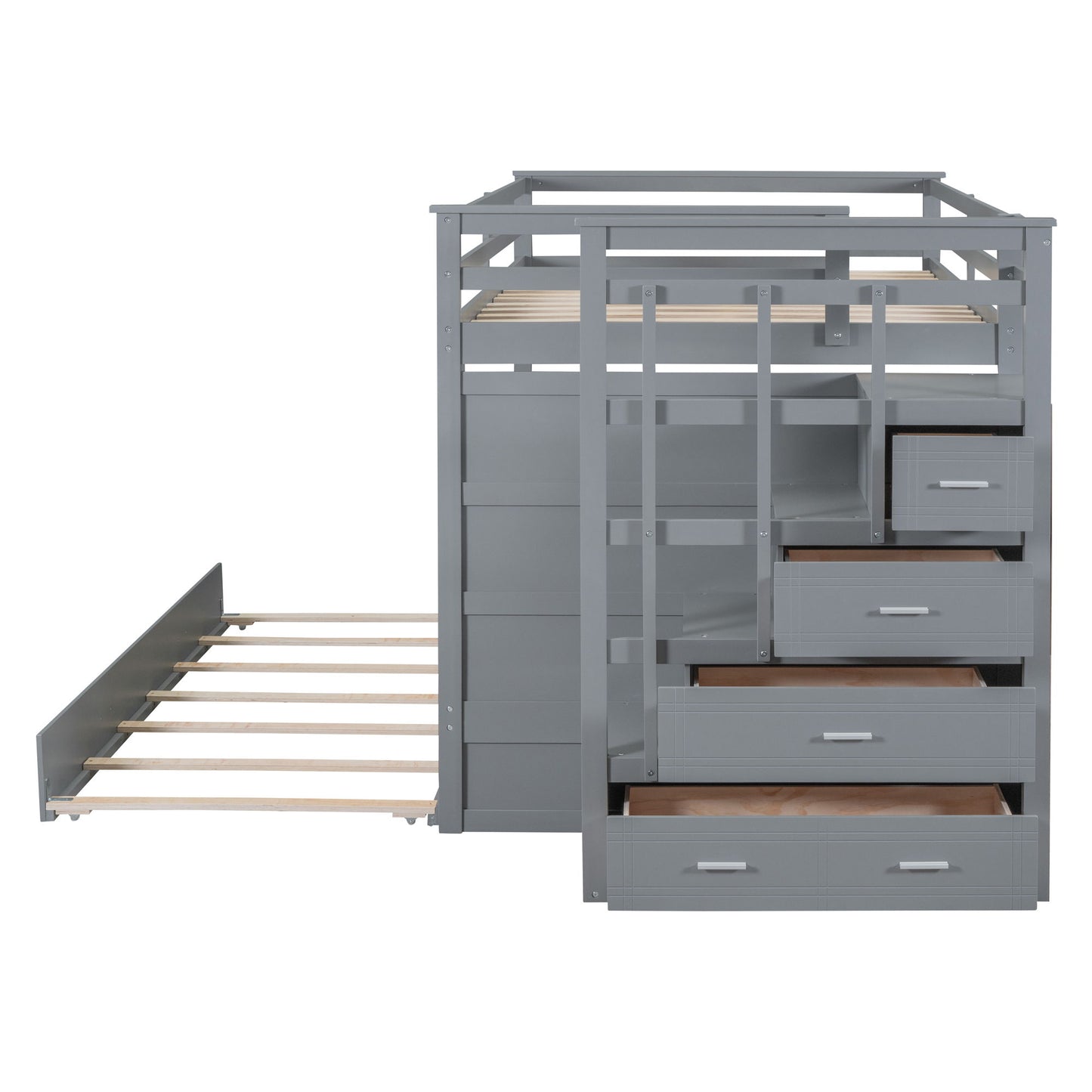 Full Over Full Bunk Bed With Twin Size Trundle And Staircase - Gray