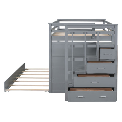 Full Over Full Bunk Bed With Twin Size Trundle And Staircase - Gray