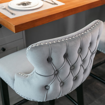 Contemporary Velvet Upholstered Wing-Back Barstools With Button Tufted Decoration And Wooden Legs, And Chrome Nailhead Trim, Leisure Style Bar Chairs, Bar Stools (Set of 4) - Gray