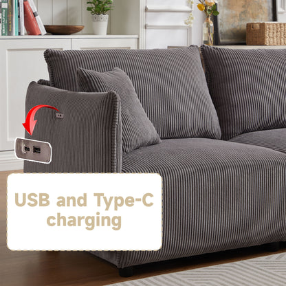 Multi Module Combination Style Sofa For Living Room And Other Lounge Spaces, Modern Minimalist Corduroy Combination Sofa With 2 Comfort Cushions With USB & C Charging Ports - Gray