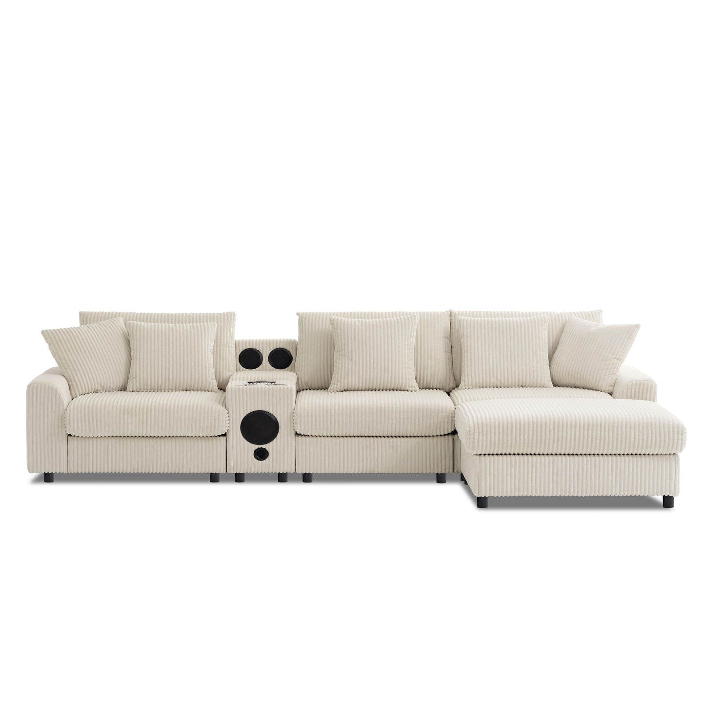 Sectional With Bluetooth Speakers L Shaped Couch With Console USB Charger, Cup Holders Storage Ottoman Deep And Wide Seat Cloud Sofa - Cream