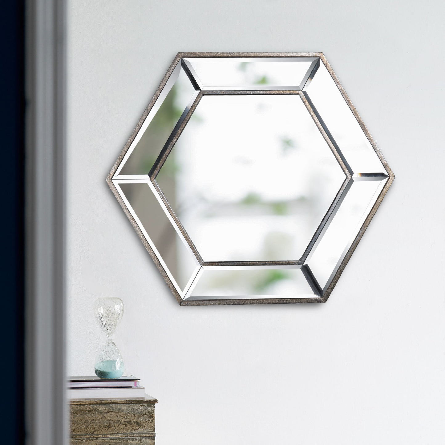Hexagon Wall Mirror With Contemporary Glass Design, Home Decor Accent Mirror For Living Room, Entryway, Bedroom - Silver