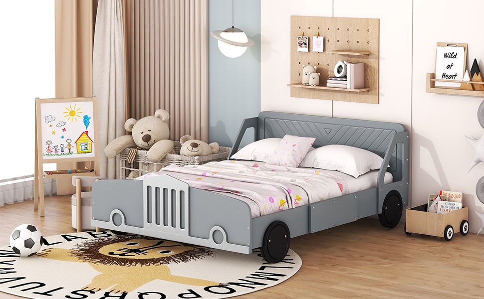 Full Size Car Shaped Platform Bed With Wheels - Gray