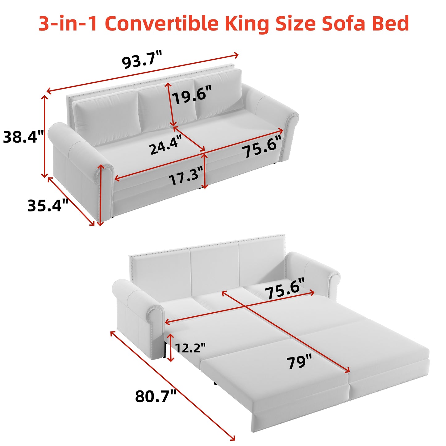 King Pull Out Sofa Bed, Chesterfield Sofa, 3 In 1 Velvet Convertible Sleeper Sofa With Nailhead Trim & Rolled Arm, Multifunctional Sofa Bed For Living Room - Beige
