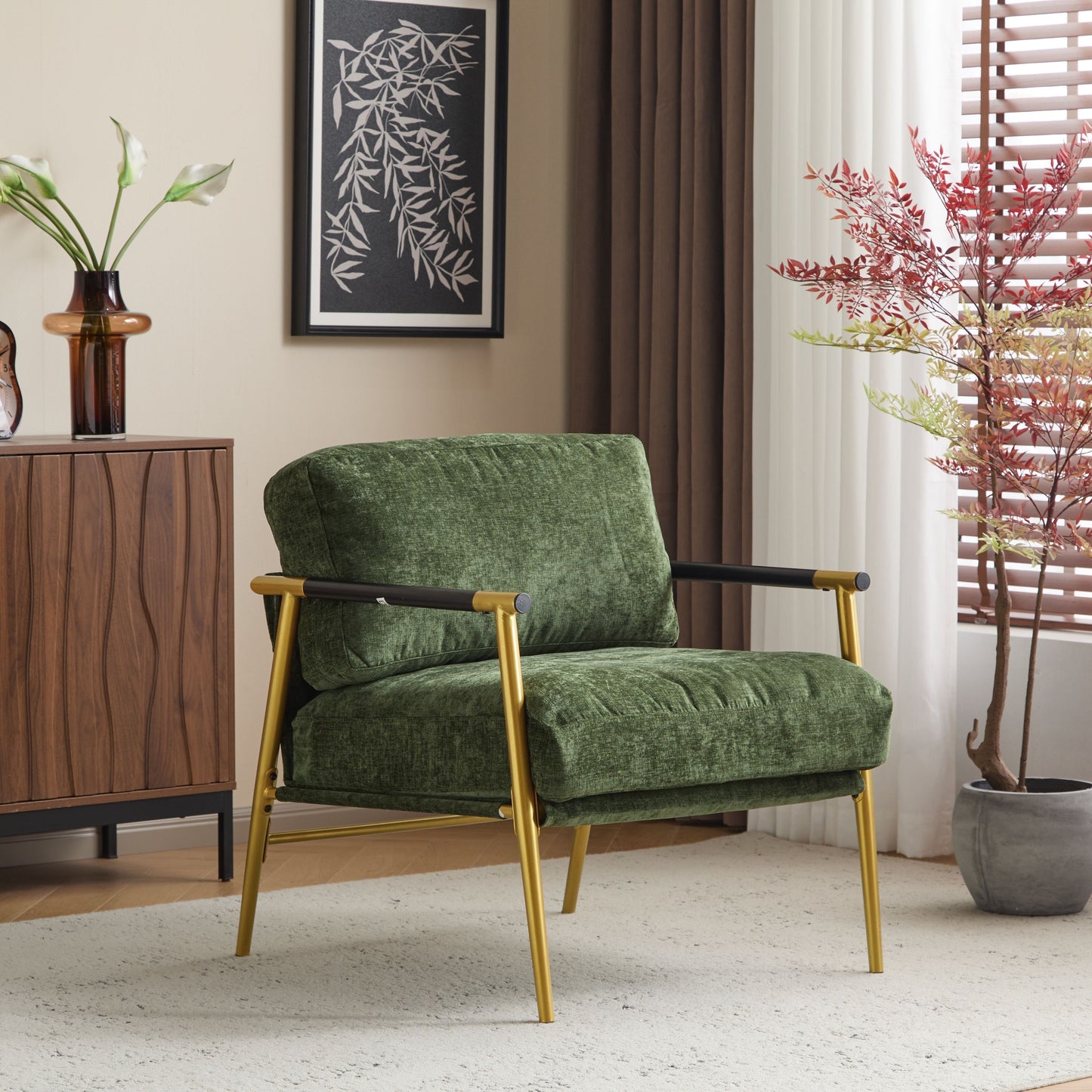 Modern Accent Chair With Plush Cushions, Minimalist Metal Frame, & Wooden Armrest Design - Gold / Green