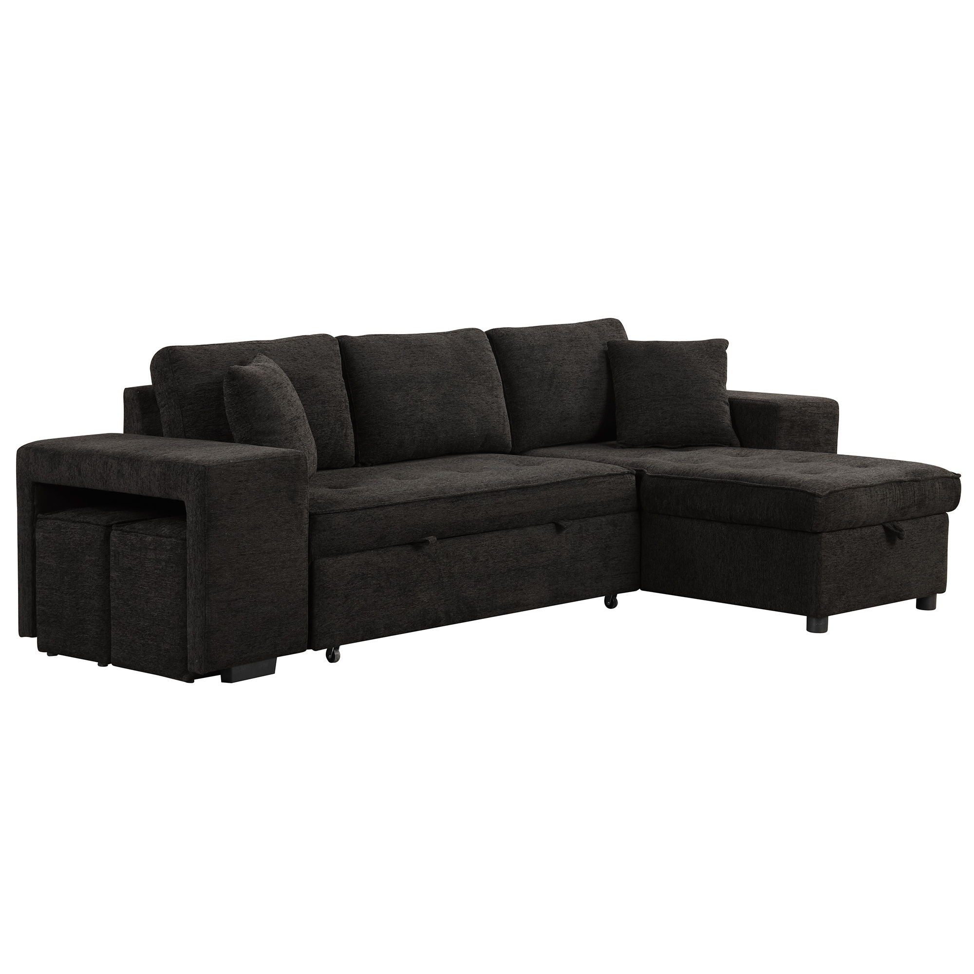 Modern L-Shape 3 Seat Reversible Sectional Couch, Pull Out Sleeper Sofa With Storage Chaise And 2 Stools For Living Room Furniture Set - Charcoal Gray