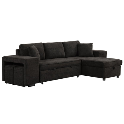 Modern L-Shape 3 Seat Reversible Sectional Couch, Pull Out Sleeper Sofa With Storage Chaise And 2 Stools For Living Room Furniture Set - Charcoal Gray