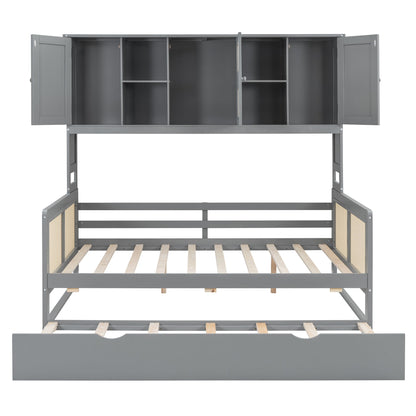 Full Size Wooden Daybed & Twin Size Trundle, And All In One Cabinet And Shelf - Gray