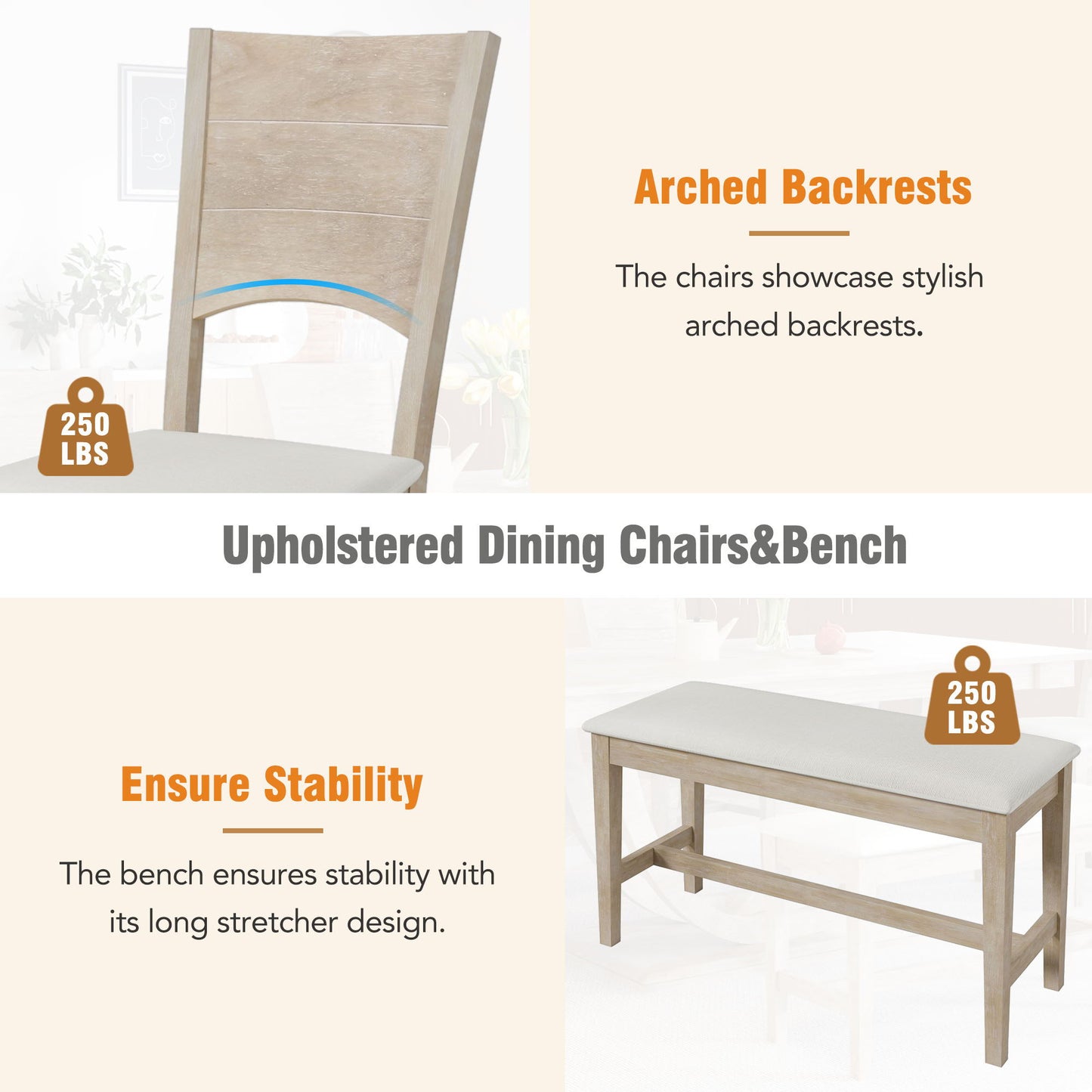 Topmax - 6 Piece Wood Half Round Dining Table Set Kitchen Table Set With Long Bench And 4 Dining Chairs, Modern Style - Natural