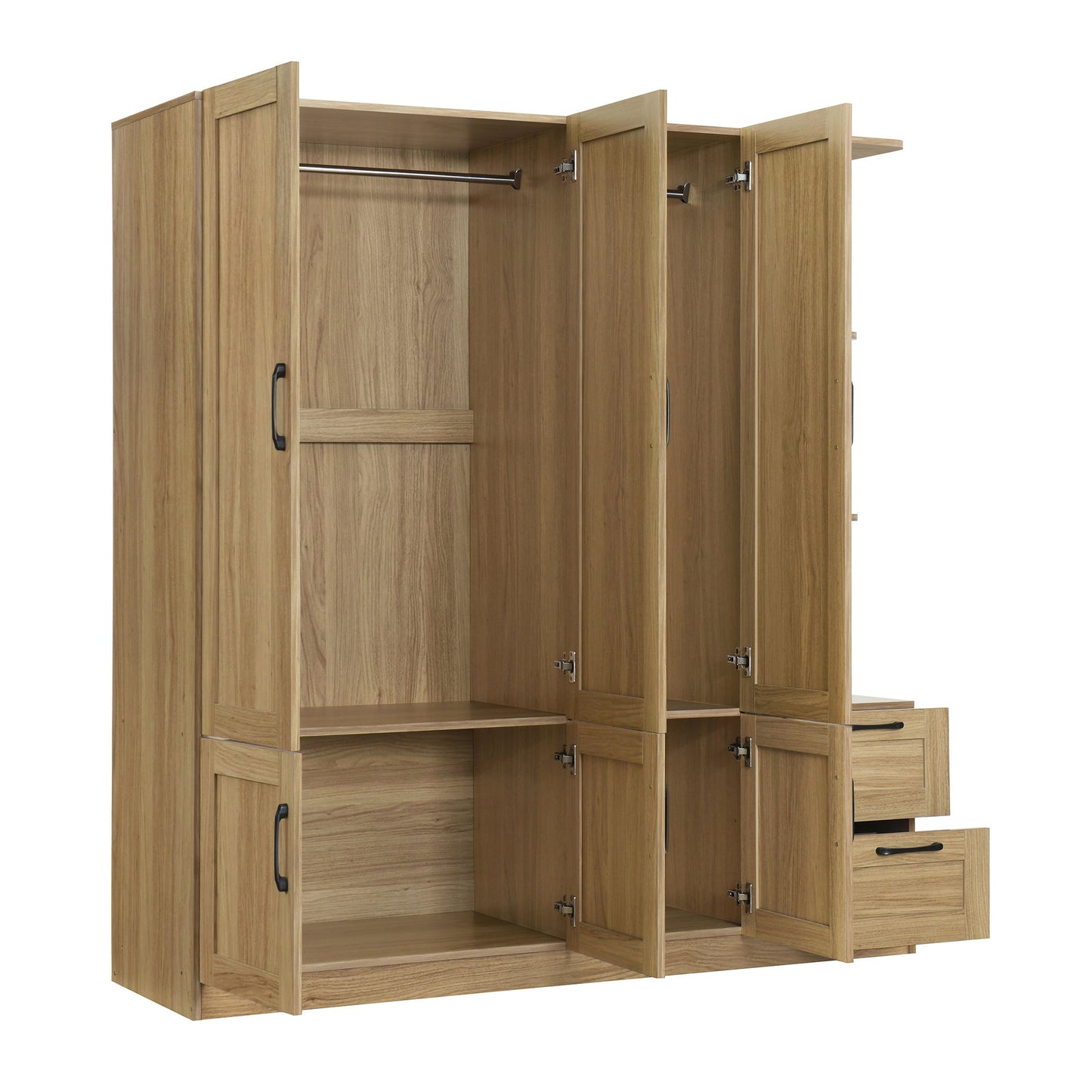 3 Door Storage Wardrobe For Dedroom With Shelves And 2 Drawers, Side Storage Shelves - Nature