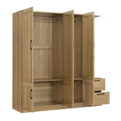 3 Door Storage Wardrobe For Dedroom With Shelves And 2 Drawers, Side Storage Shelves - Nature