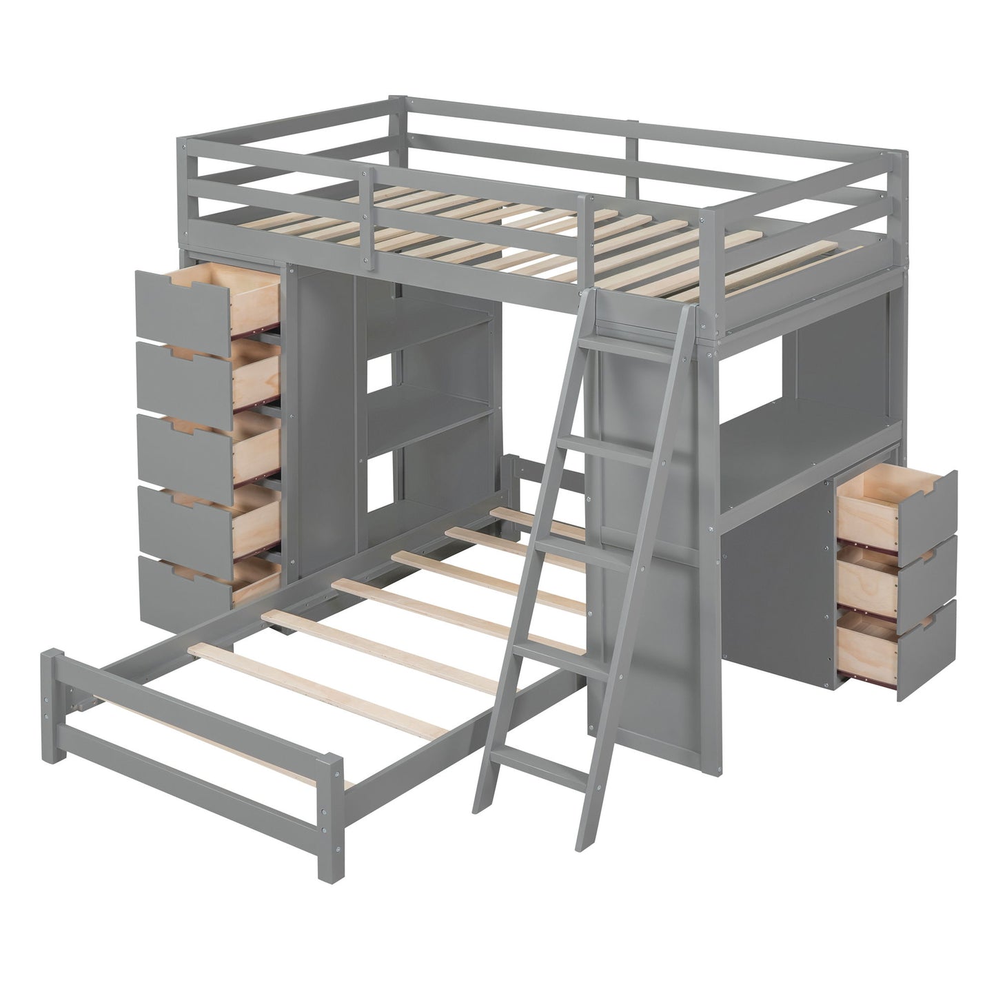 Twin Over Twin Bunk Bed With LED Light And USB Ports - Gray
