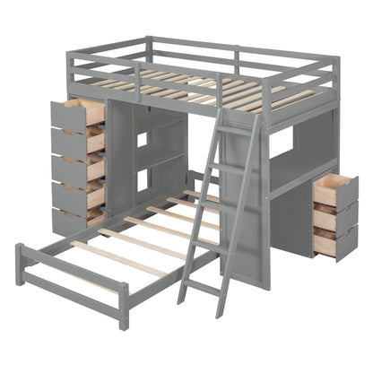 Twin Over Twin Bunk Bed With LED Light And USB Ports - Gray