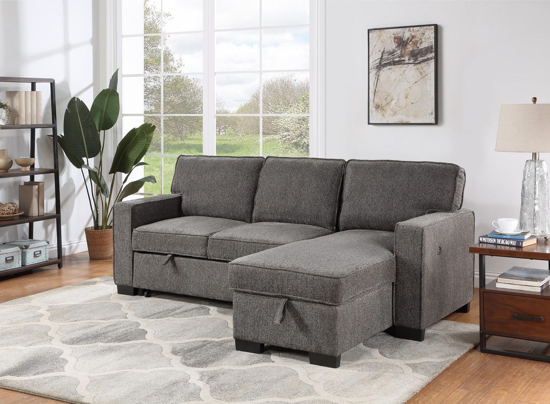 Estelle - Reversible Sleeper Sectional With Storage Chaise Drop-Down Table 2 Cup Holders And 2 USB Ports - Dark Gray
