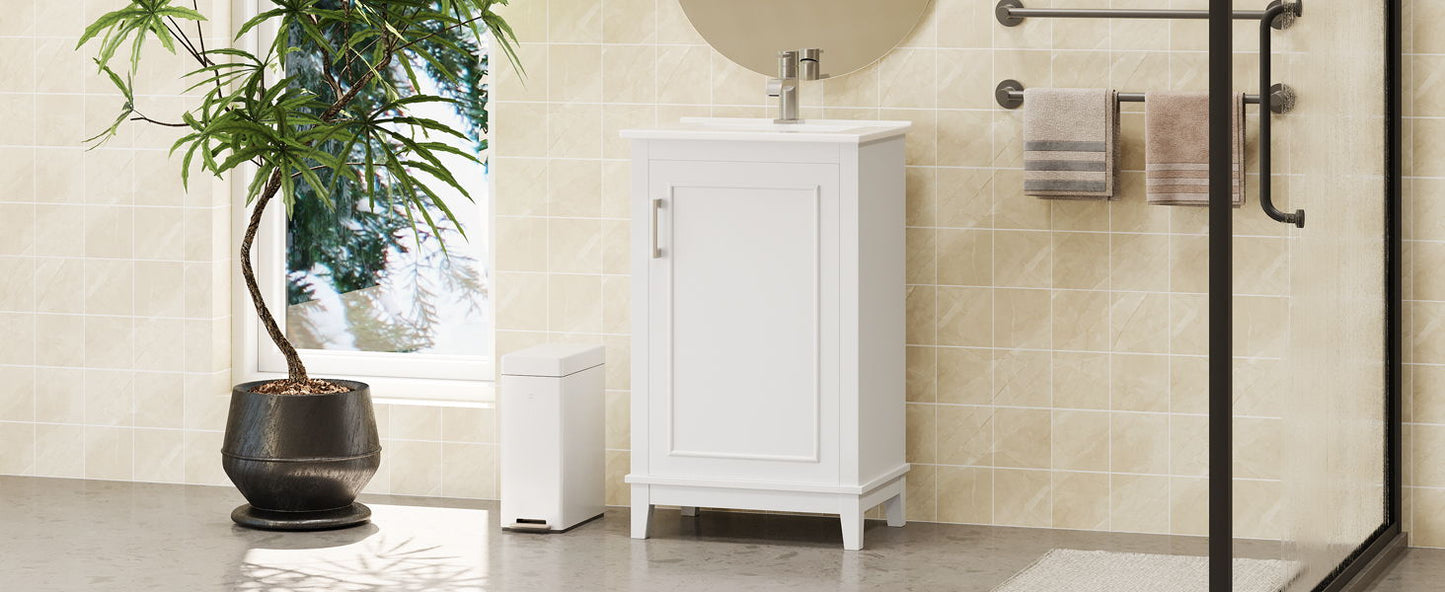 Modern Small Bathroom Vanity Cabinet With Ceramic Basin, Ample Storage, 1 Soft-Close Door - White