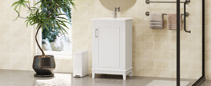 Modern Small Bathroom Vanity Cabinet With Ceramic Basin, Ample Storage, 1 Soft-Close Door - White