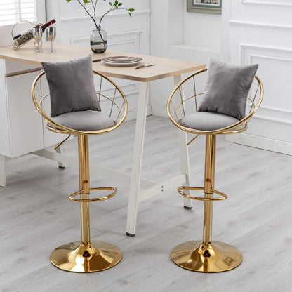 Velvet Bar Chair, Pure Gold Plated, Unique Design, 360 Degree Rotation, Adjustable Height, Suitable For Dining Room And Bar, (Set of 2) - Gray