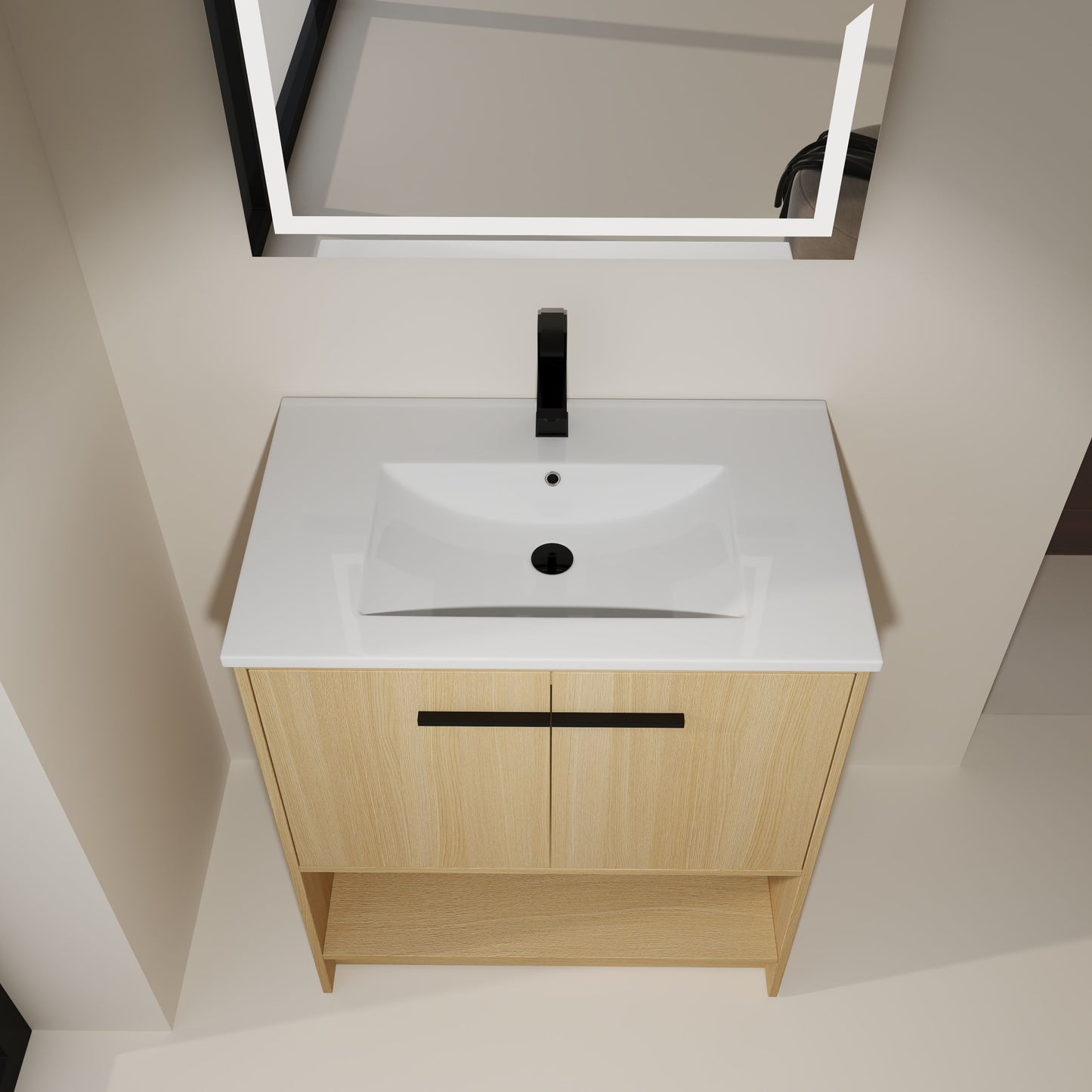 Modern 30" Bathroom Vanity With Ceramic Sink, Freestanding Cabinet, 2 Soft Closing Doors - Oak