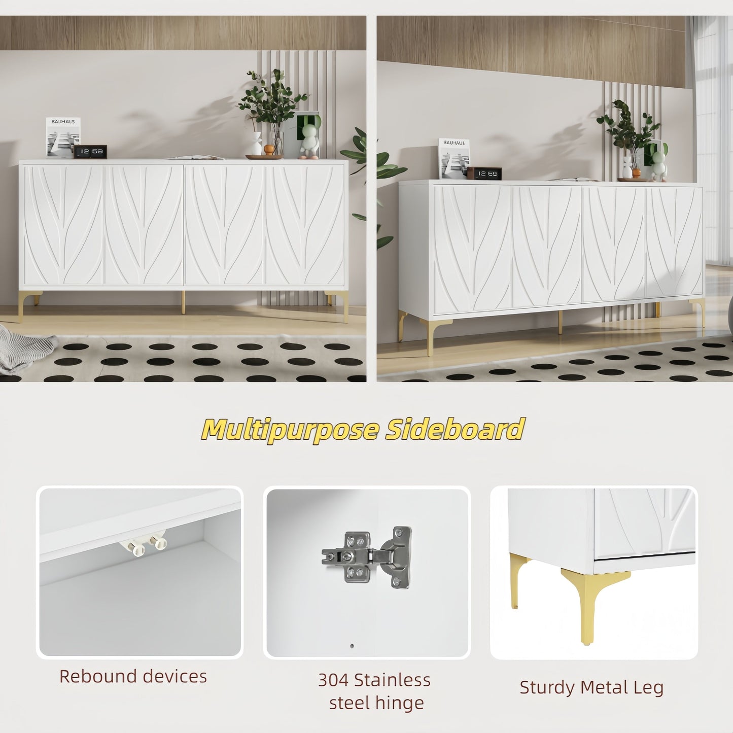 Creative Carved 4 Door Sideboard With Handleless Press To Open Design - White