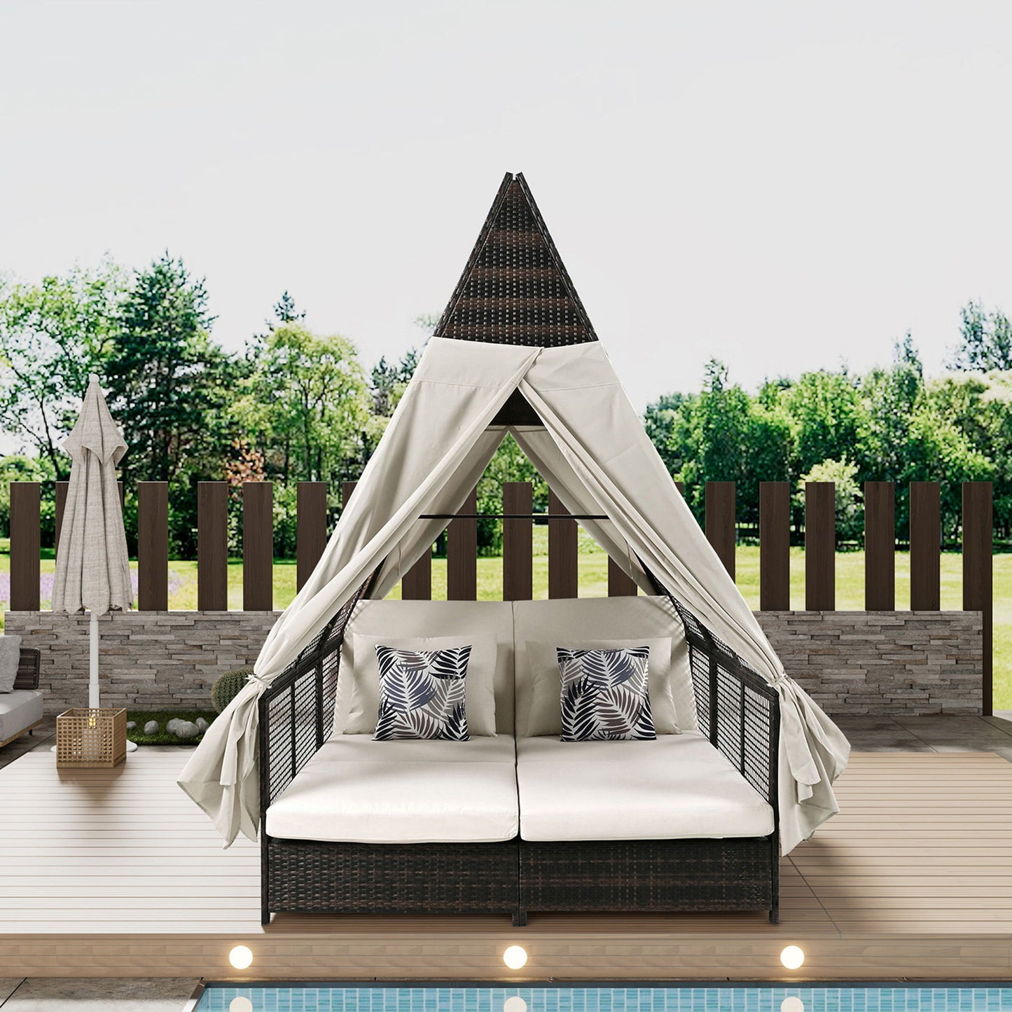 Outdoor Daybed Patio Lounge Bed With Adjustable Backrest Double Sun Lounger With Curtains, 4 Pillows For Garden Patio Poolside Balcony Beach - Beige