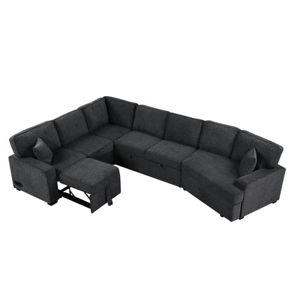L-Shaped Sofa Sectional Sofa Couch Pull-Out Sofa Bed With Charging Devices And Cup Holders For Living Room - Blue Black