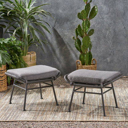 Outdoor Modern Boho Wicker Ottoman With Cushions (Set of 2) - Gray