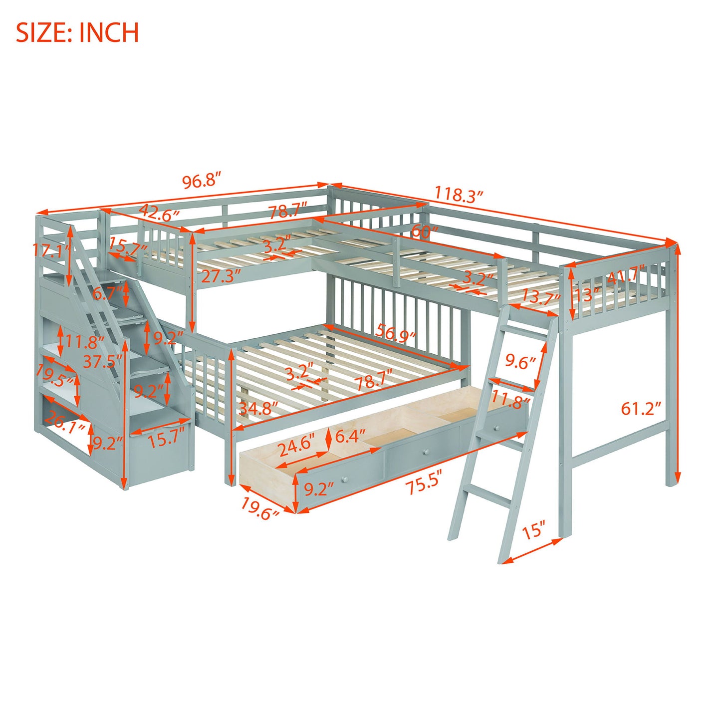 Twin Over Full L Shaped Bunk Bed & 3 Drawers, Ladder And Staircase - Gray
