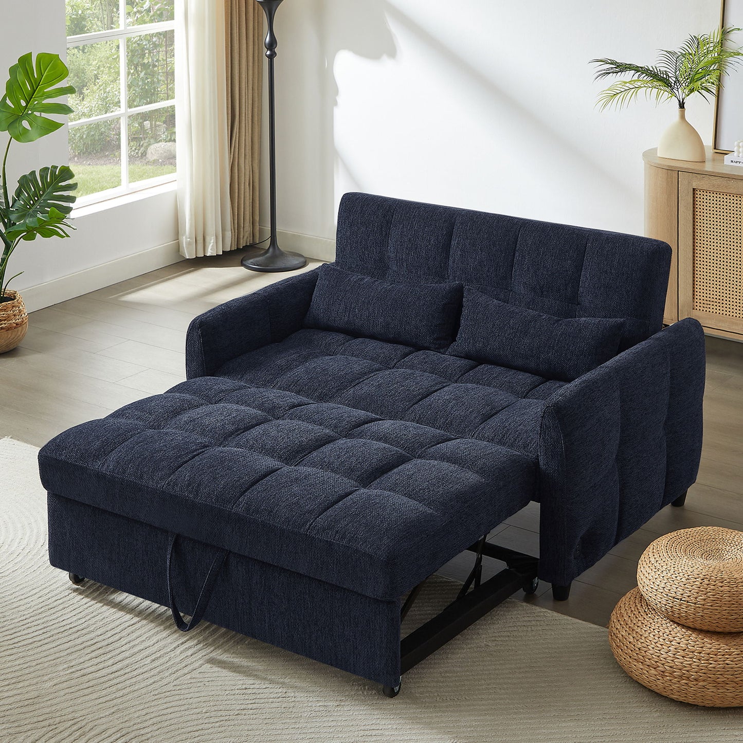 Loveseat Sofa Pull Out Sofa Bed Tufted Sleeper Sofa With An Adjustable Backrest, 3 USB Ports And 2 Lumbar Pillows For Living Room - Blue