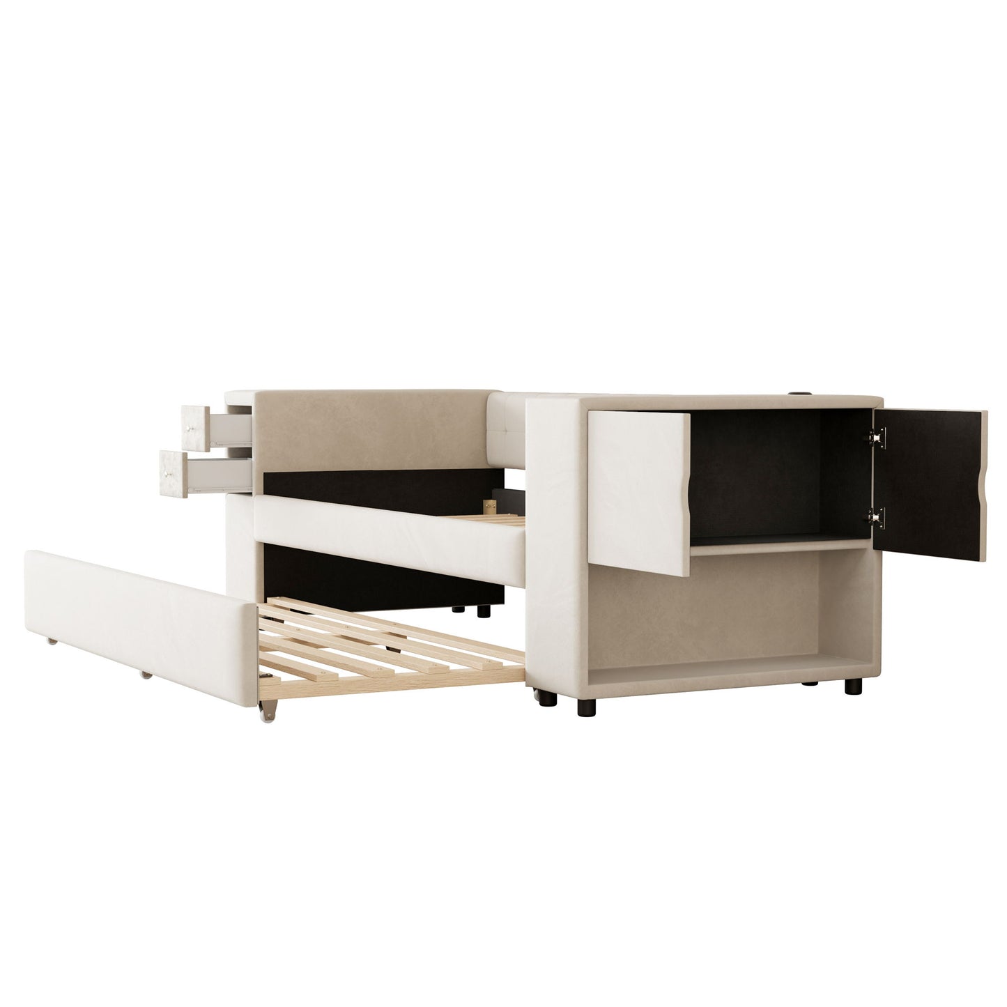Twin Upholstered Bed With Storage And Twin Trundle, USB Charging Ports - Beige