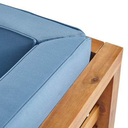 Outdoor Club Chair, Acacia Wood Patio Chair With Fabric Cushion For Backyard, Poolside, Garden Or Porch - Pecan / Blue