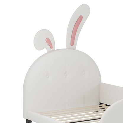 Twin Size Upholstered Rabbit-Shape Princess Bed, Twin Size Platform Bed With Headboard And Footboard - White