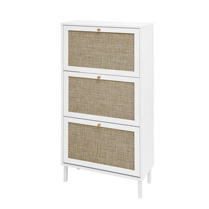 Modern Rattan 3 Door Shoe Rack Cabinet For Entryway Freestanding White Storage Unit In Particle Board - White