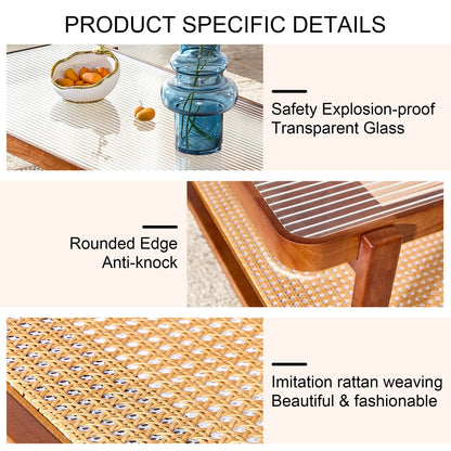 Modern Simple Rectangle Double Layer Solid Wood Glass Desktop Tea Table Rattan Woven Chinese Side Table Small Rectangle Table - Natural Wood