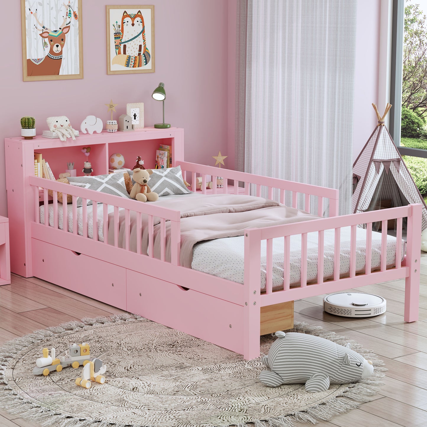 Twin Size Bed With Headboard Storage Rack, 2 Under Bed Drawers, 3 - Side Guardrails For Safety And Security - Pink