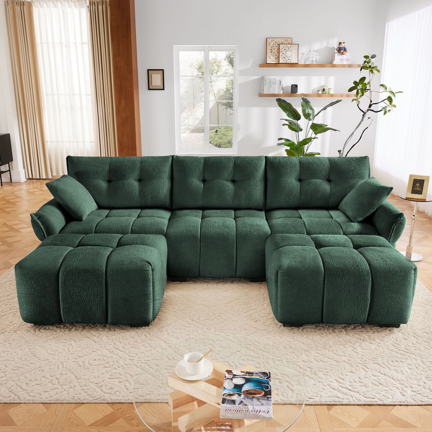 Elegant Textured 3 Seater Sofa Set With Ottoman And Throw Pillows Frame - Green
