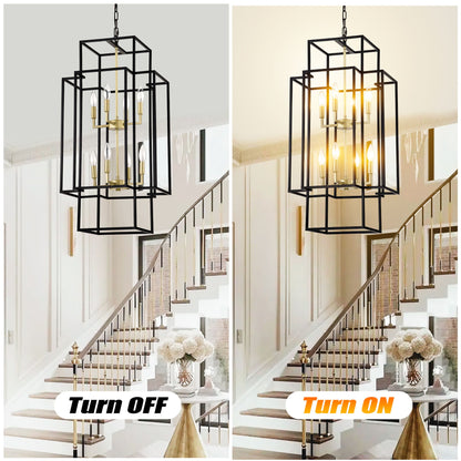 8 Light Metal Lantern Tiered Pendant Hanging Light Fixtures, Industrial Farmhouse Adjustable Height Chandeliers For Dining Room Hallway Foyer Entryway (E12 Bulbs Not Included) - Matte Black / Gold