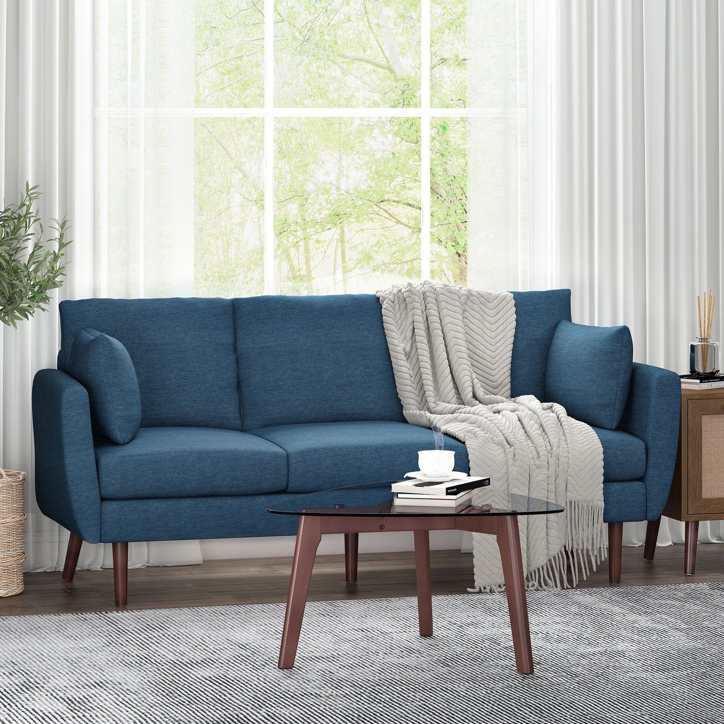 Diaphanous - Upholstered 3 Seater Sofa With 2 Accent Pillows And Wood Legs - Navy Blue