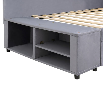Twin L Shaped Upholstered Platform Bed With Storage Drawers - Gray