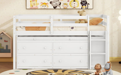 Twin Size Loft Bed With Retractable Writing Desk And 4 Drawers, With Lateral Portable Desk And Shelves - White