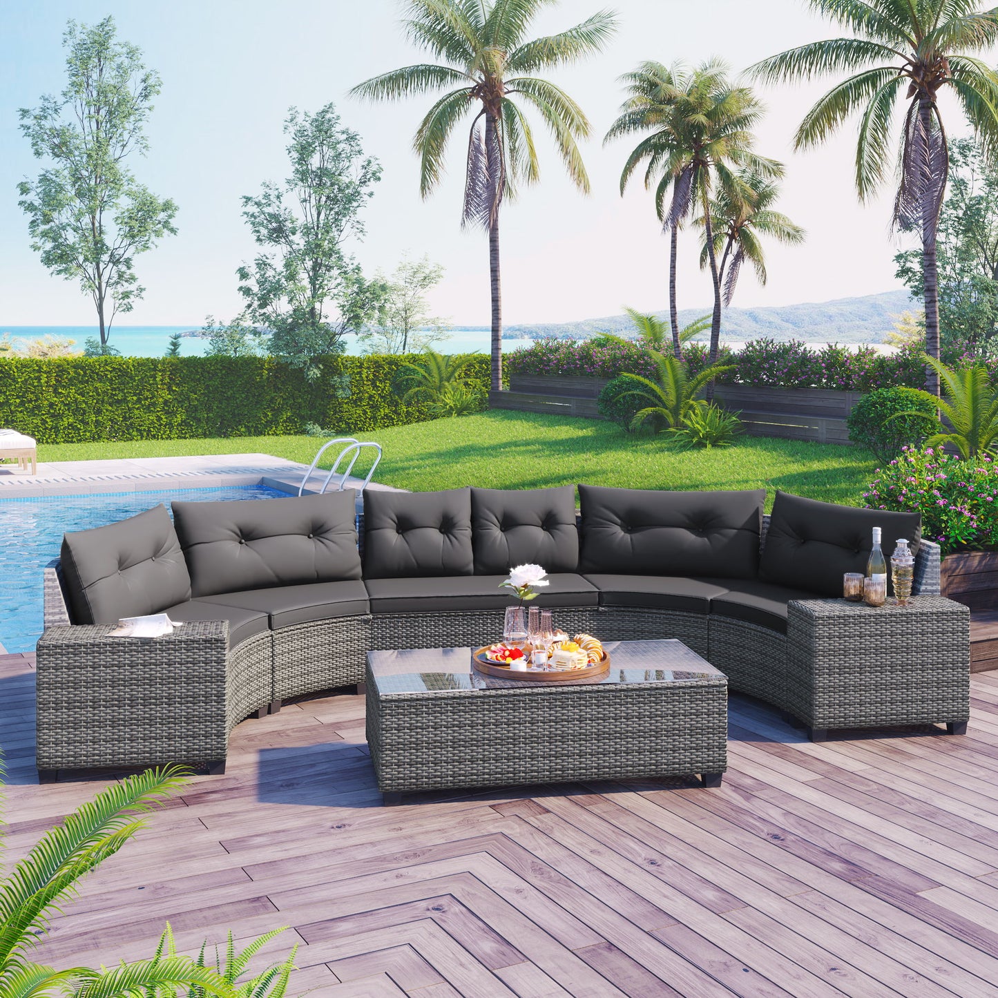 8 Pieces Outdoor Wicker Round Sofa Set, Half-Moon Sectional Sets All Weather, Curved Sofa Set With Rectangular Coffee Table, PE Rattan Water-Resistant And UV Protected, Movable Cushion - Gray
