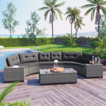 8 Pieces Outdoor Wicker Round Sofa Set, Half-Moon Sectional Sets All Weather, Curved Sofa Set With Rectangular Coffee Table, PE Rattan Water-Resistant And UV Protected, Movable Cushion - Gray