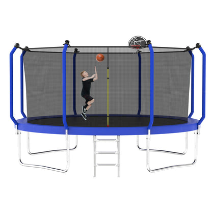 168.11" Trampoline With Basketball Hoop, Astm Approved Reinforced Type Outdoor Trampoline With Enclosure Net - Blue