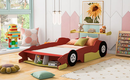 Full Size Race Car Shaped Platform Bed With Wheels - Red