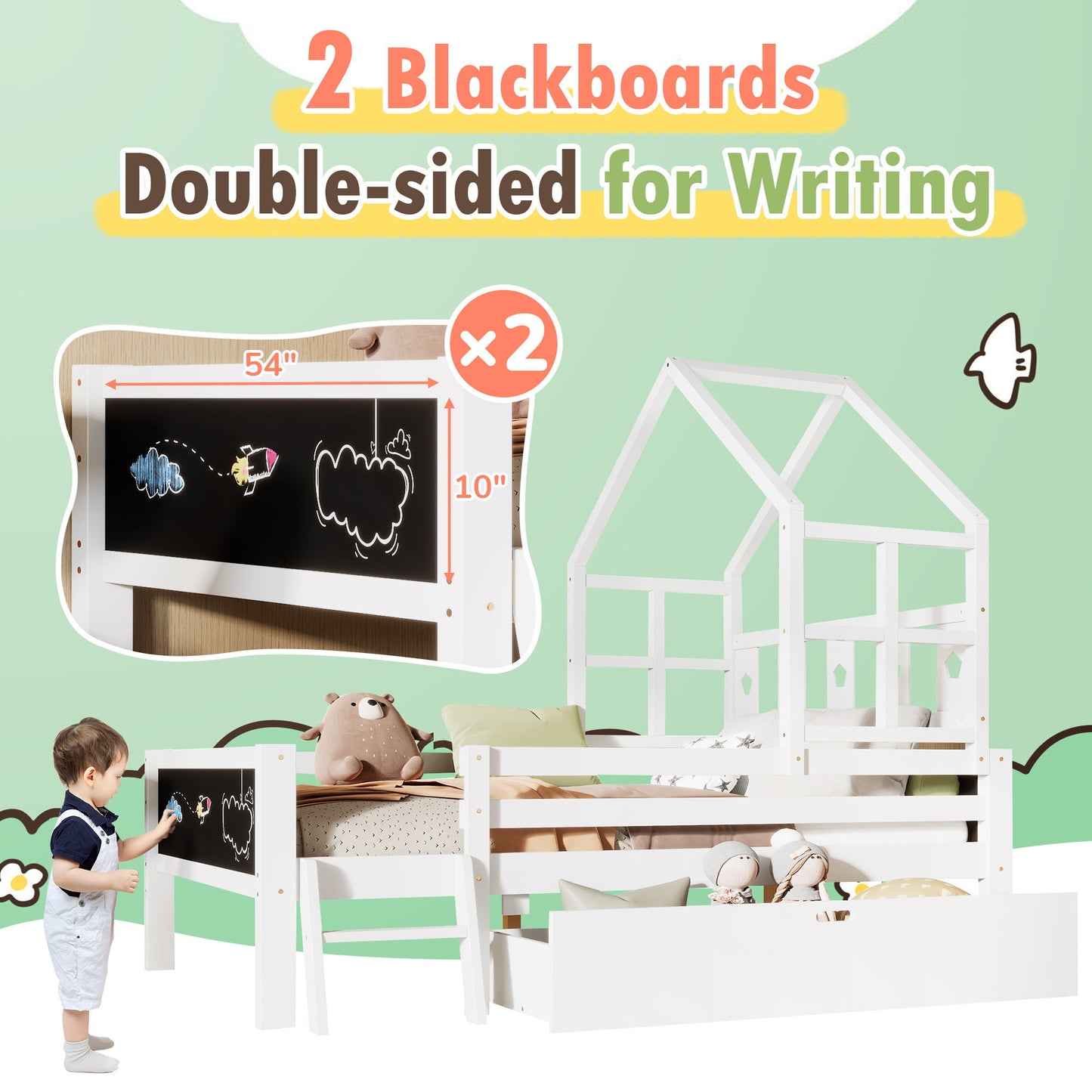 Full Size House Bed With Ladder And Storage Drawers Platform With Blackboard, No Box Spring - White