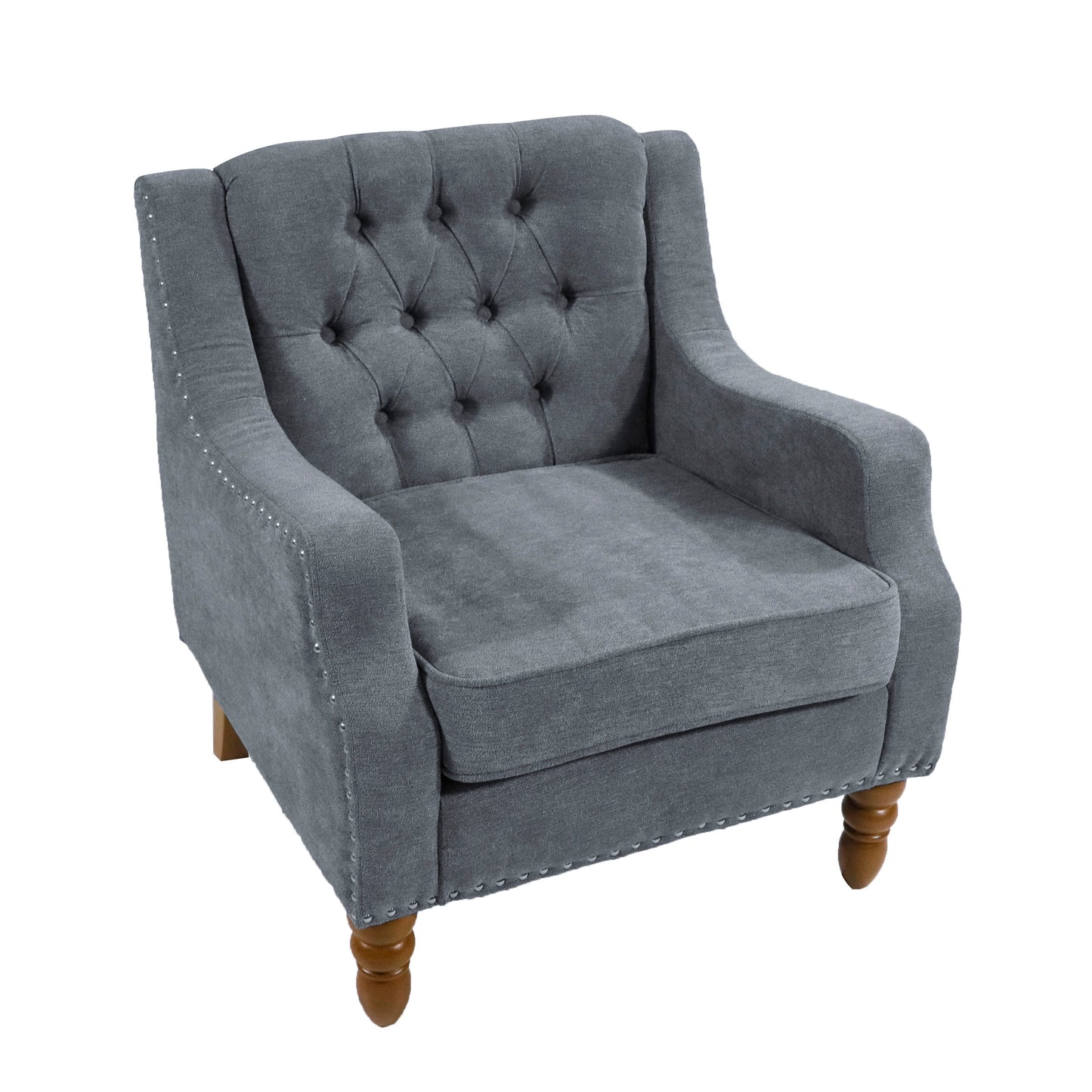 Accent Chair, Living Room Chair, Footrest Chair Set With Vintage Brass Studs, Button Tufted Upholstered Armchair For Living Room, Comfy Reading Chair For Bedroom, Reception Room - Gray