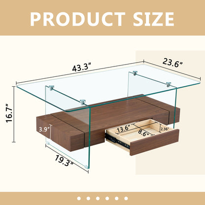 Modern 2 Tier Coffee Table With Drawer Clear Tempered Glass, Multifunctional Storage - Transparent / Wood