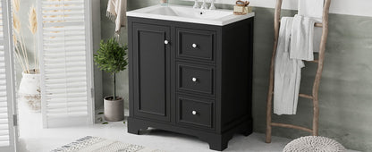 Bathroom Vanity Cabinet With Ceramic Basin, 3 Drawers And Adjustable Shelves - Black