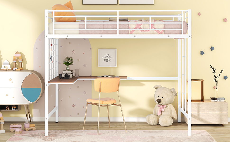 Full Loft Bed With Desk And Grid - White