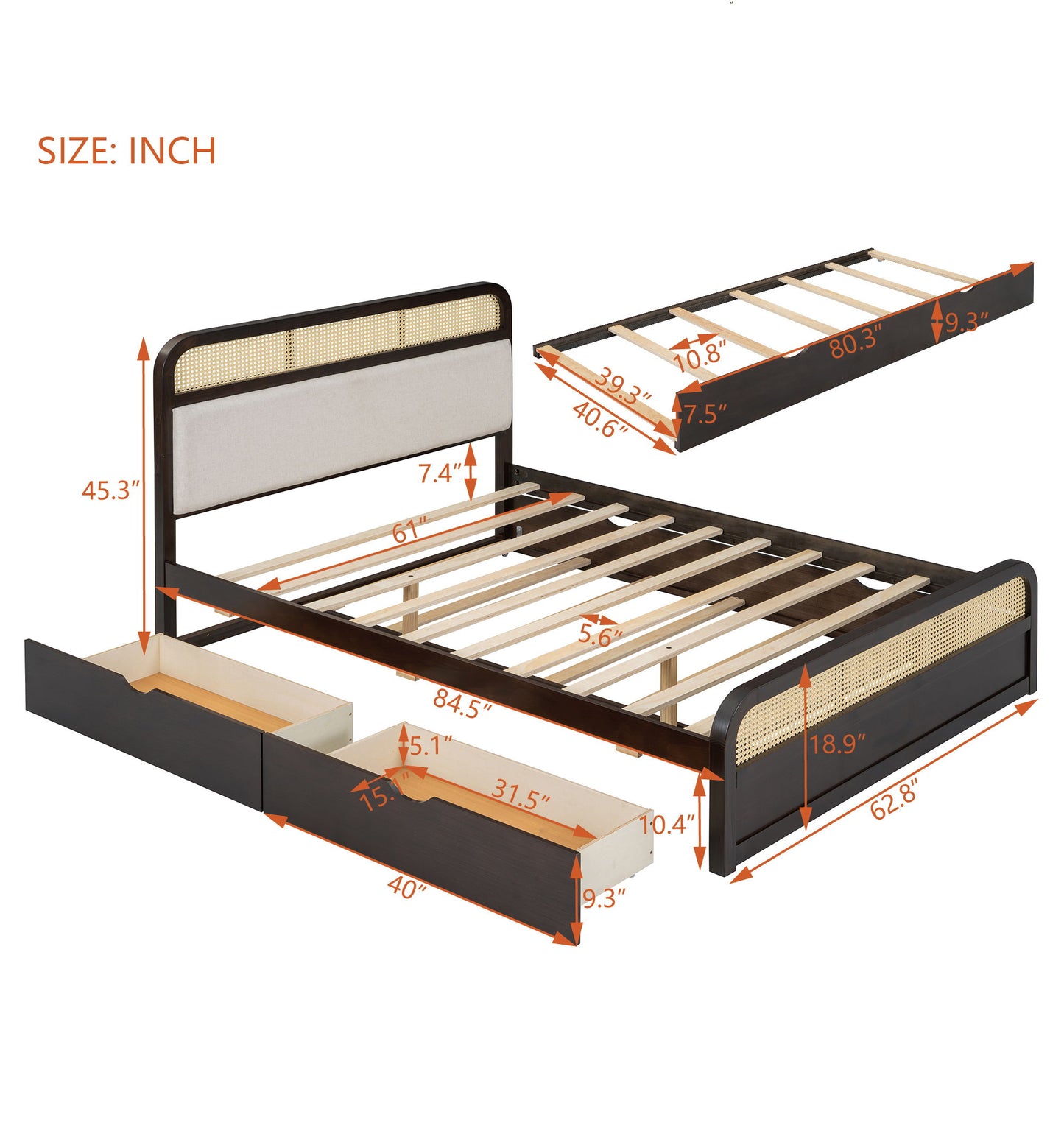 Queen Size Platform Bed With Trundle And 2 Drawers - Espresso