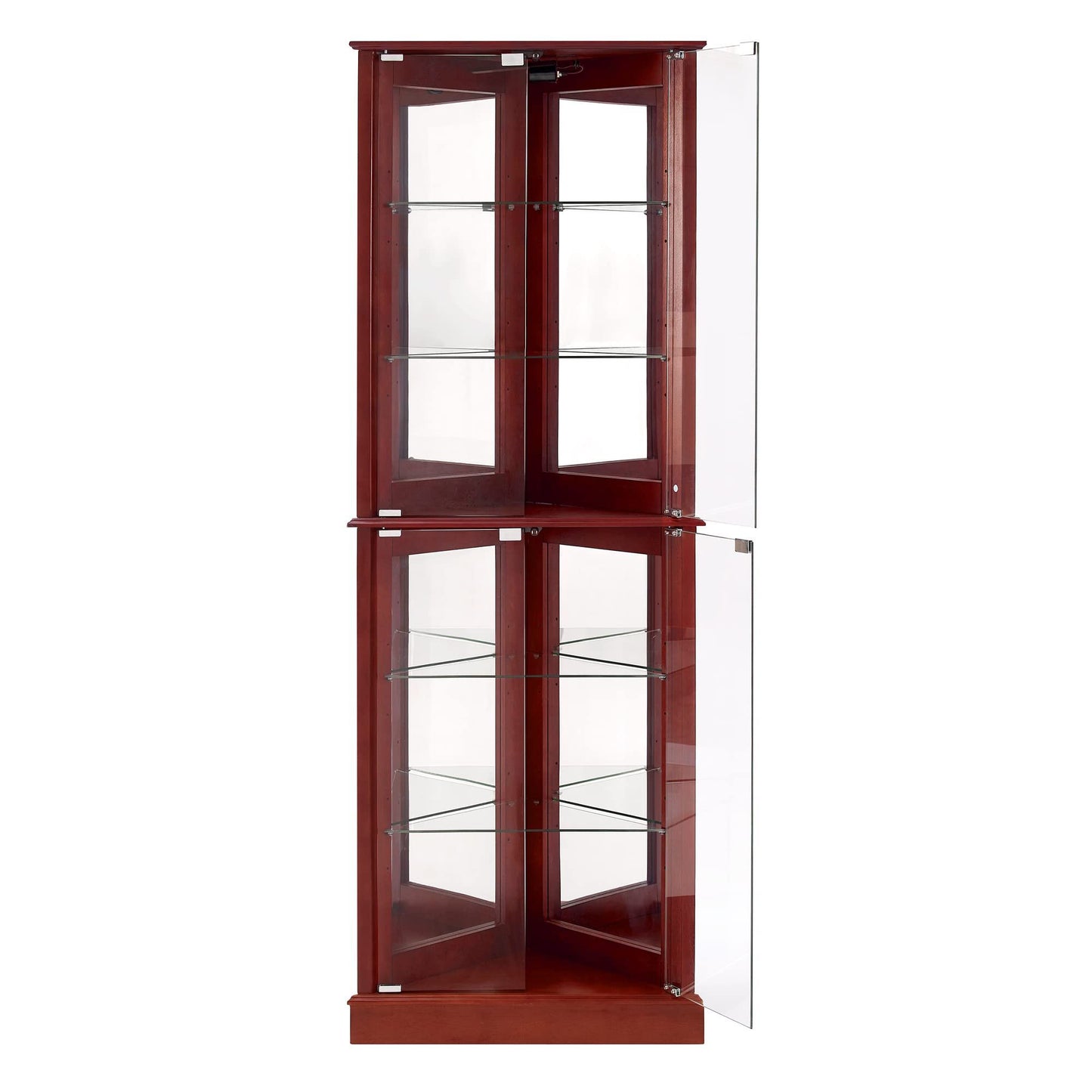 Corner Curio Dispaly Cabinet With Lights, Adjustable Tempered Glass Shelves, Mirrored Back (E26 Light Bulb Not Included) - Cherry